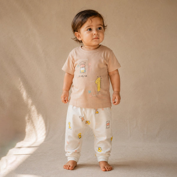 Child wearing a beige shirt and white pants with yellow patterns on a beige background
