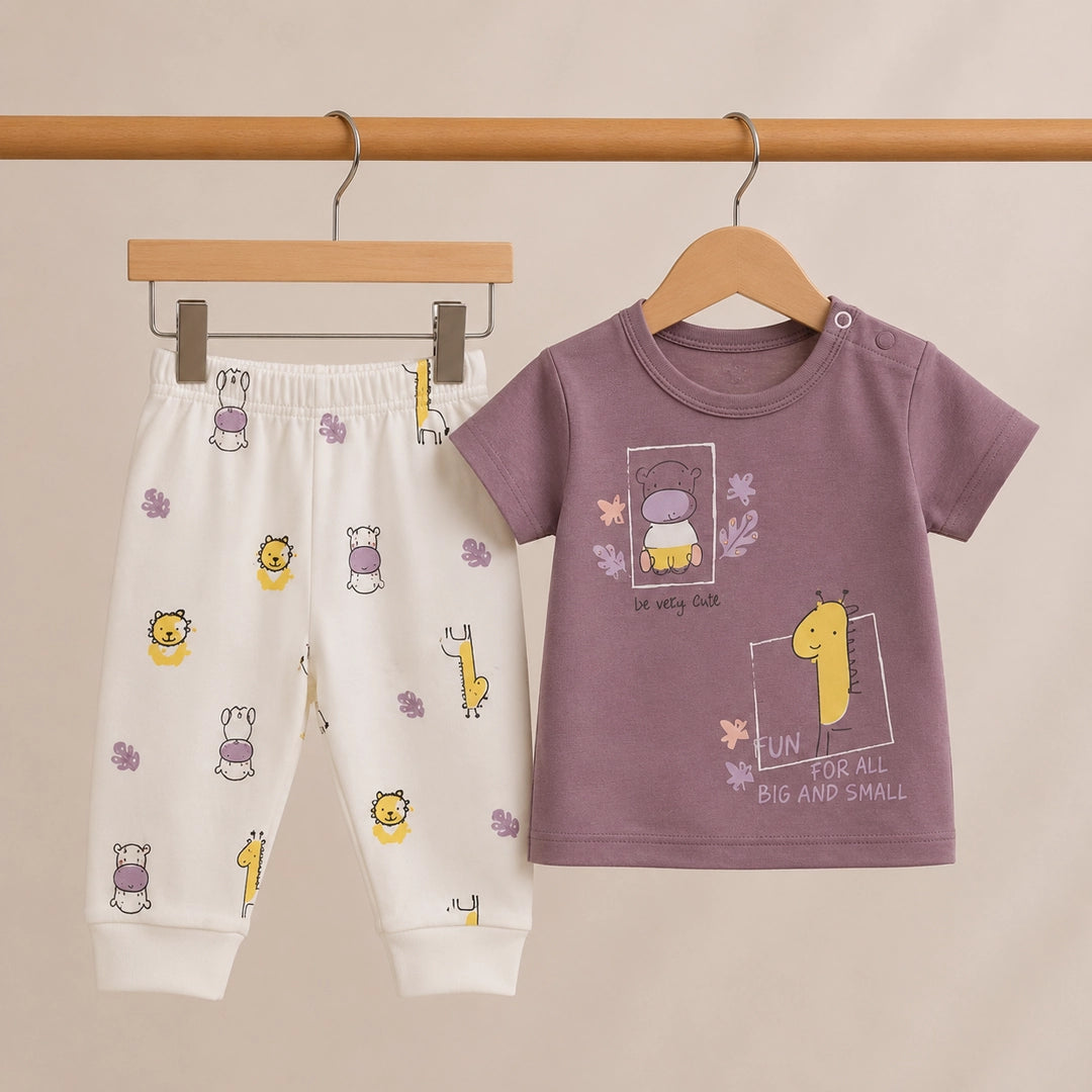 Children's t-shirt and pants with animal prints on a beige background