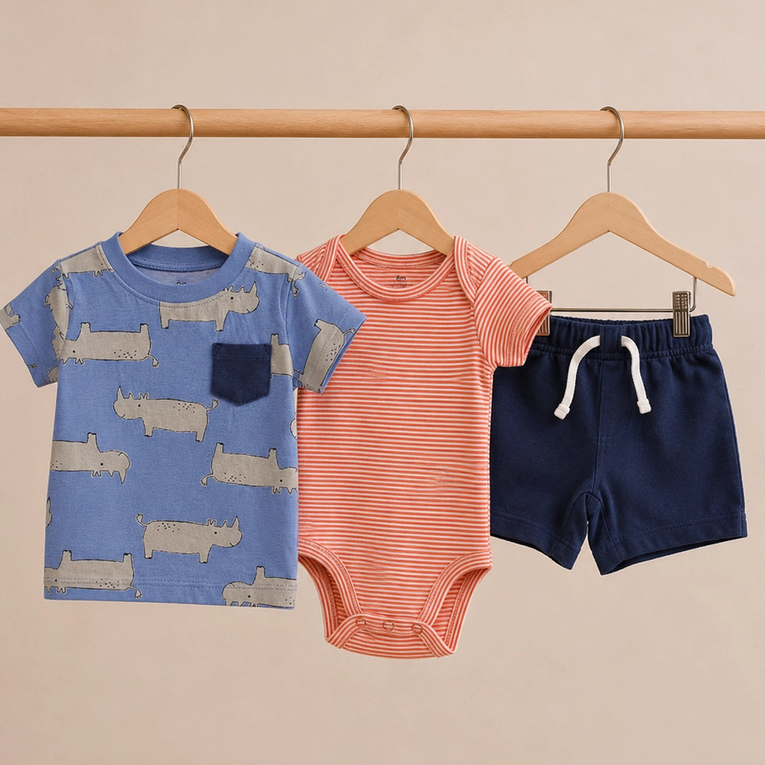 Children's clothing set with a blue shirt, pink onesie, and navy shorts on hangers against a beige background.