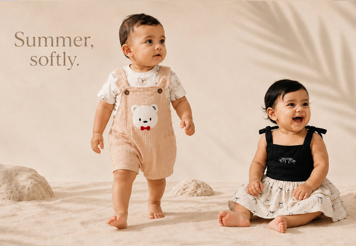 Two babies in summer outfits with text 'Summer, softly.' on a neutral background