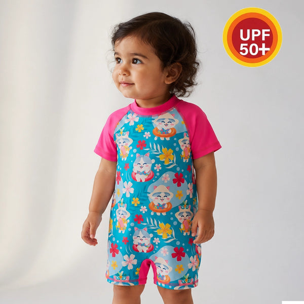 Child wearing a colorful swimsuit with cartoon characters on a light gray background, featuring a UPF 50+ label.