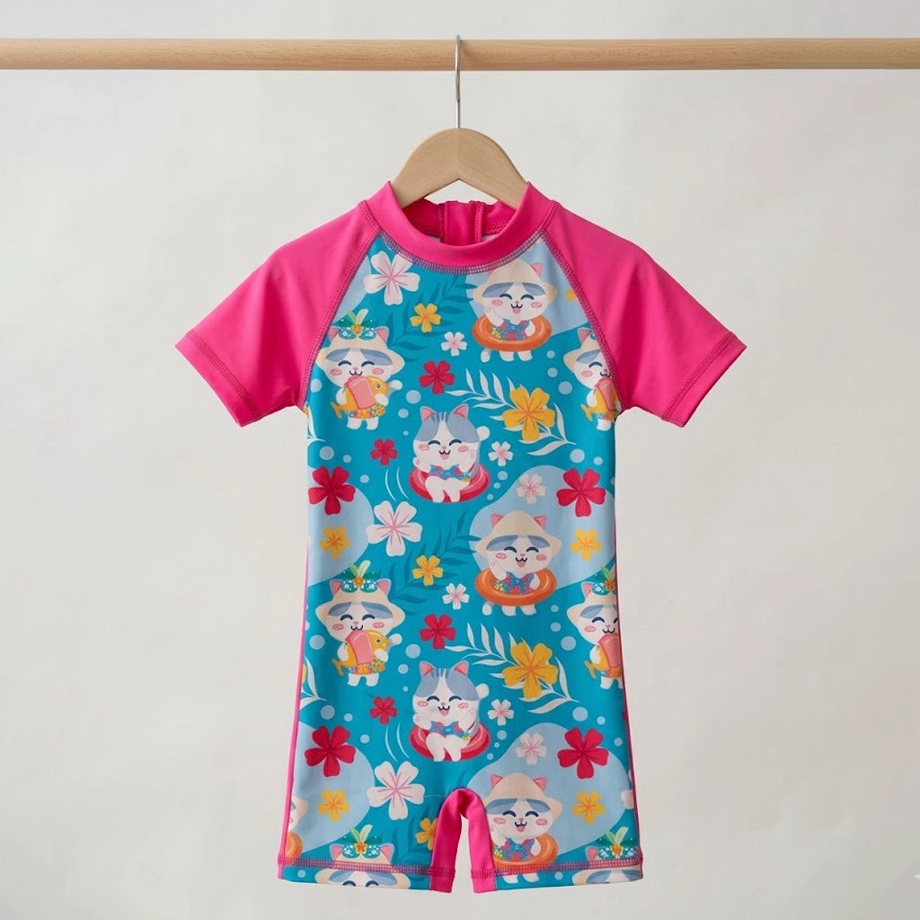 Tropical Cat One-Piece Swimsuit | UPF 50+ Protection | Ages 3M–18M
