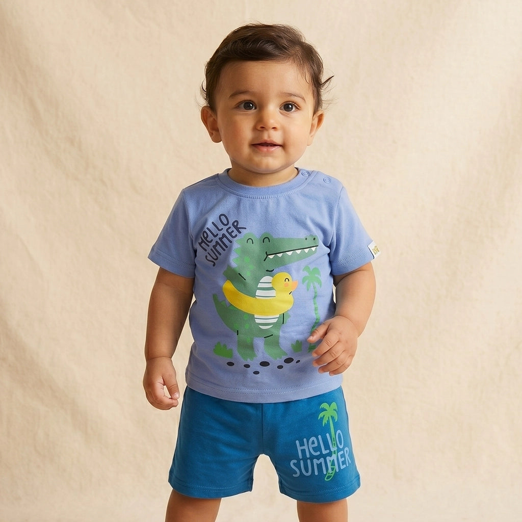 Child wearing a blue t-shirt with a dinosaur graphic and 'Hello Summer' text on a beige background