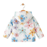 Floral-patterned hoodie on a hanger against a white background