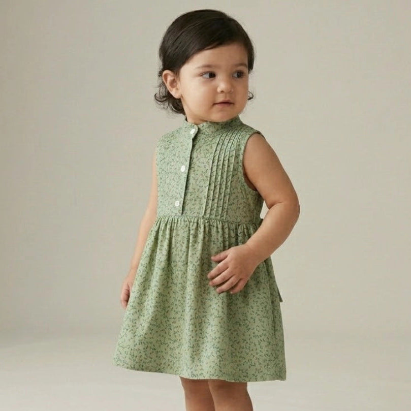 Young child wearing a green dress with a subtle pattern on a plain background