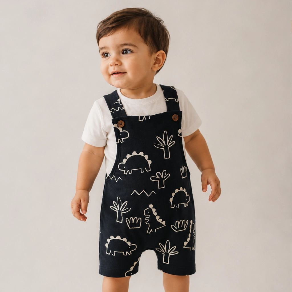 Baby wearing black overalls with white dinosaur patterns on a plain background