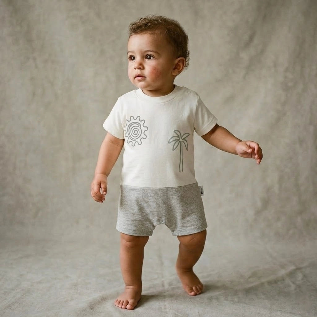 Baby standing next to a beige cube wearing a white t-shirt with graphics and gray shorts on a beige background