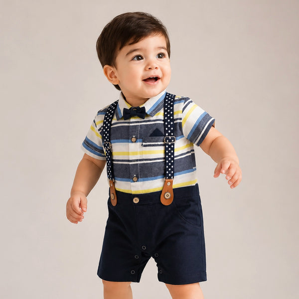 Child wearing a striped shirt, suspenders, and shorts on a plain background