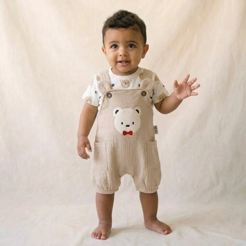 Bear Muslin Overall Set | Ages 0M–12M