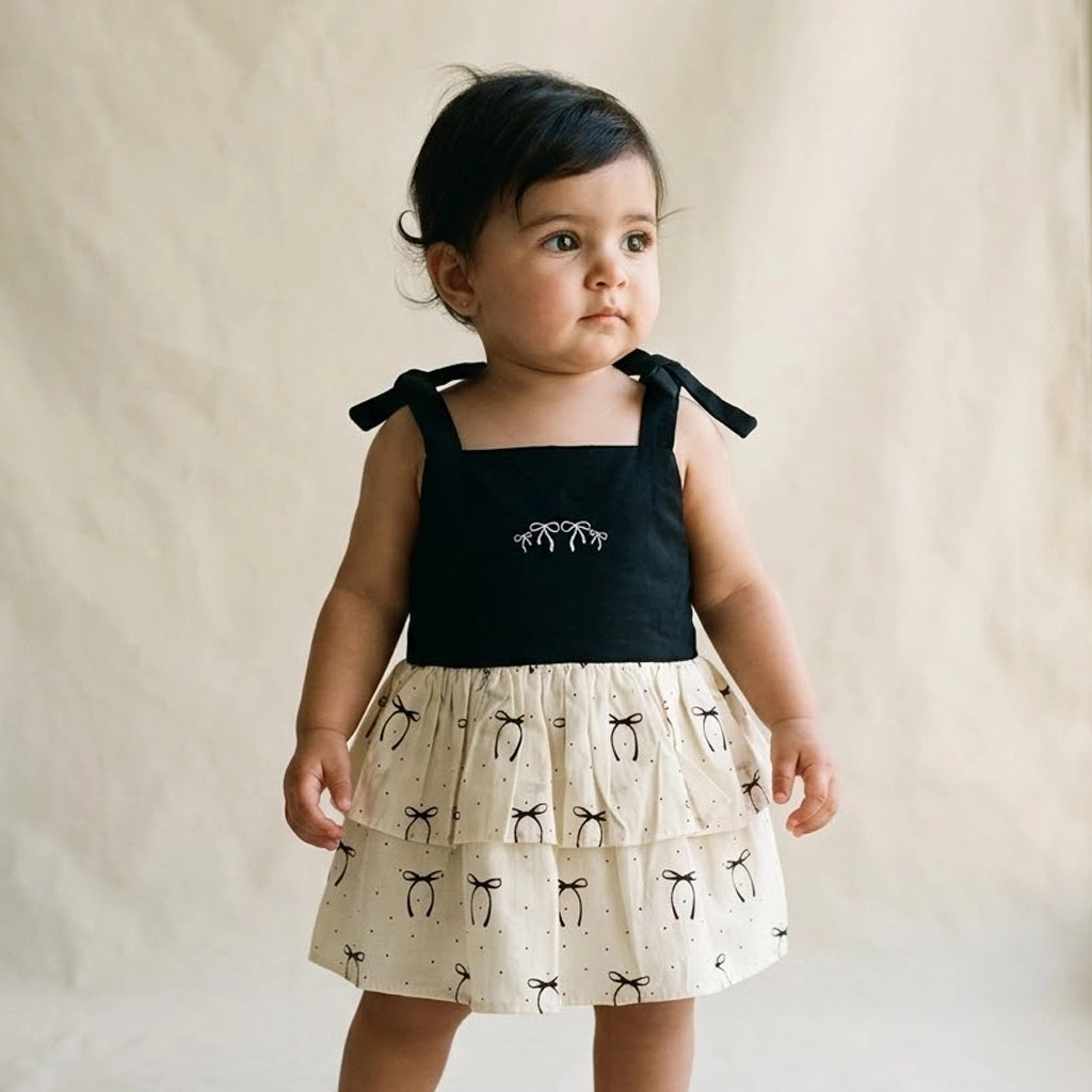Child wearing a black top and cream skirt with bow pattern against a beige background