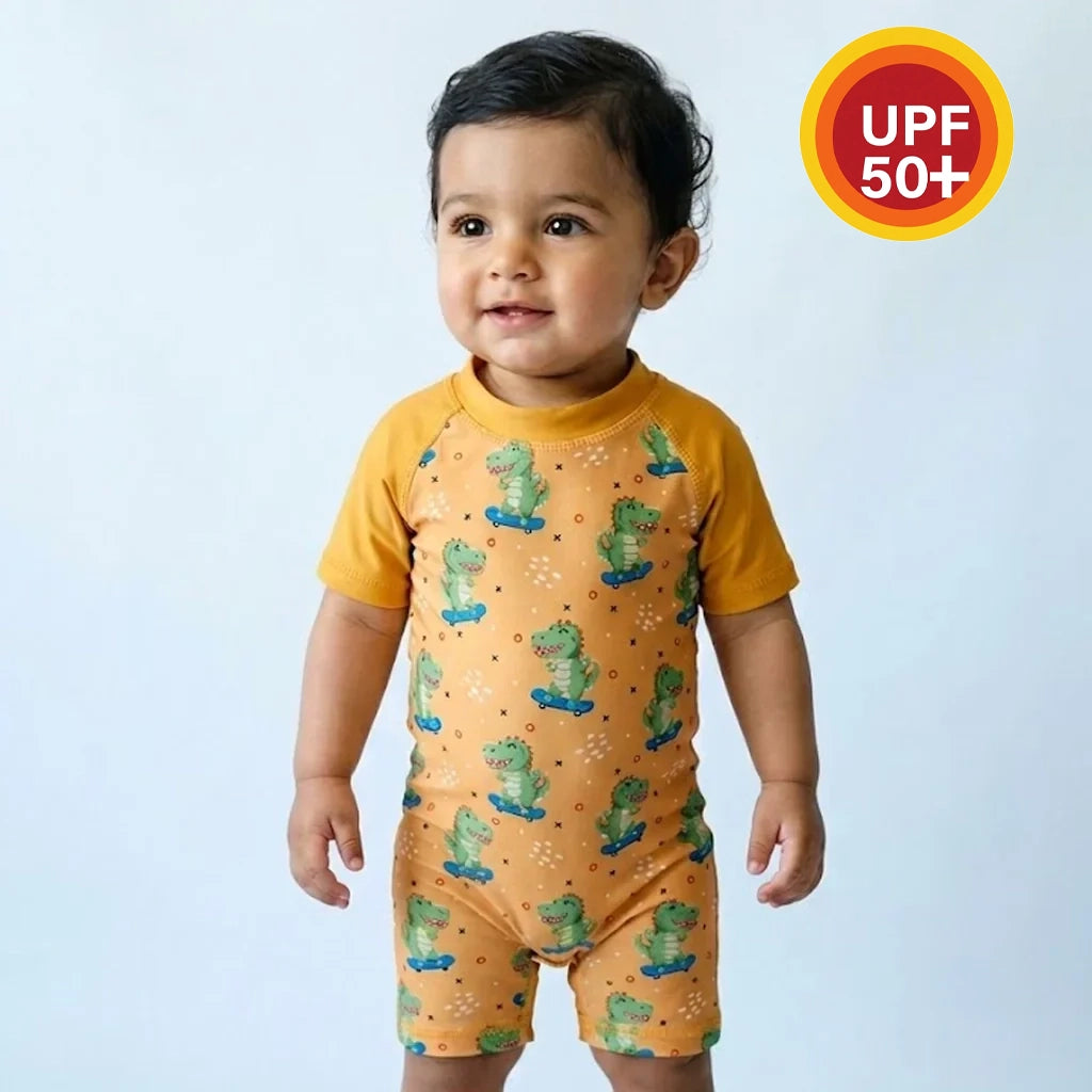 Skater Dino One-Piece Sunsuit | UPF 50+ Protection | Ages 3M–18M