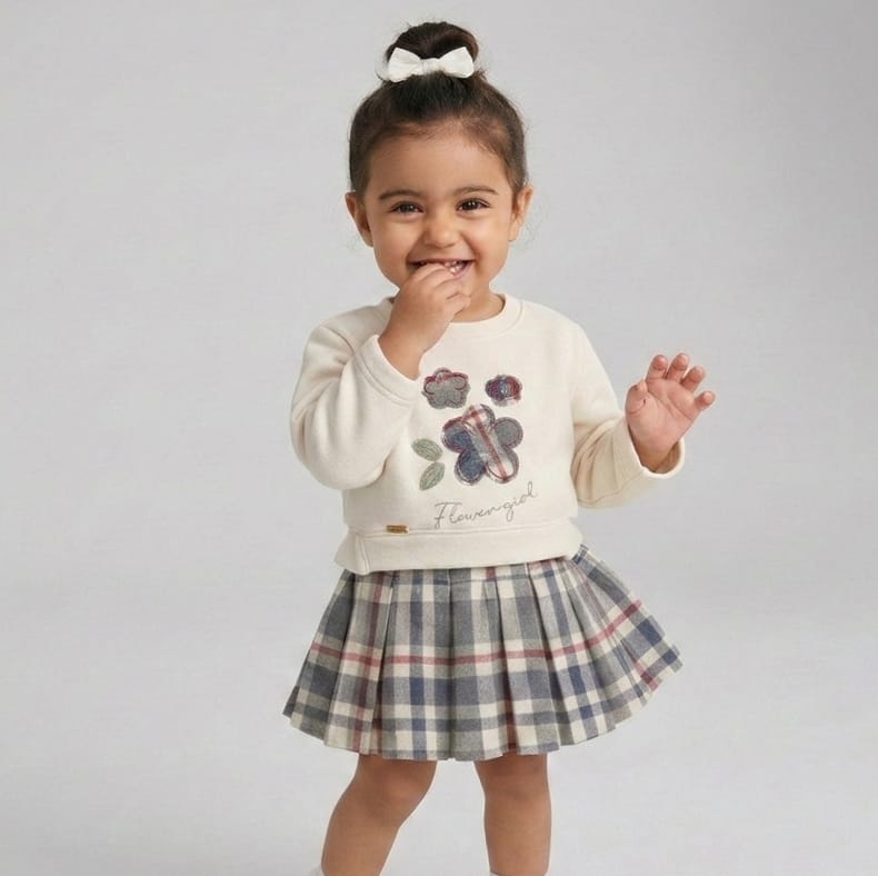 Flower Girl Sweater & Plaid Skirt Set | Ages 1Y–5Y