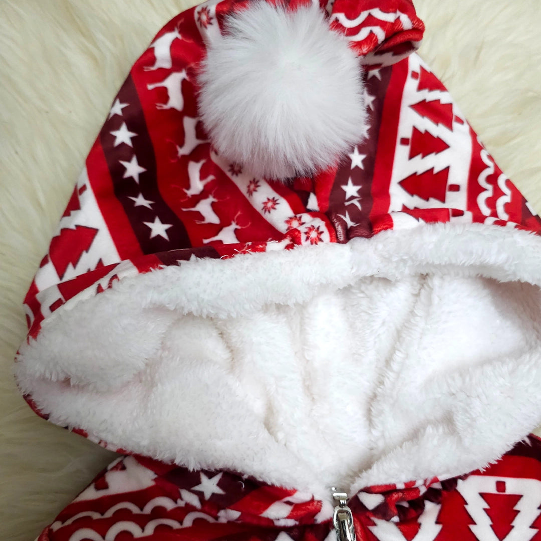 Red Christmas Onesie with Hood & Double Zipper | Ages 0M–18M