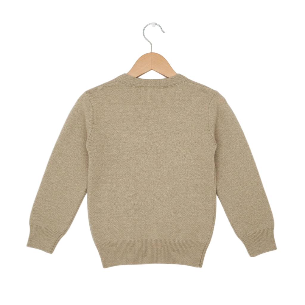 Beige sweater on a hanger against a white background