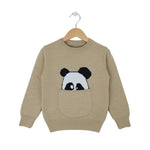 Beige sweater with panda design on a hanger against a white background