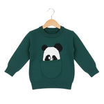 Green sweater with panda design on a hanger against a white background