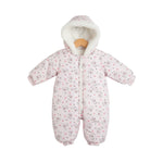 Baby snowsuit with floral pattern on a light gray background