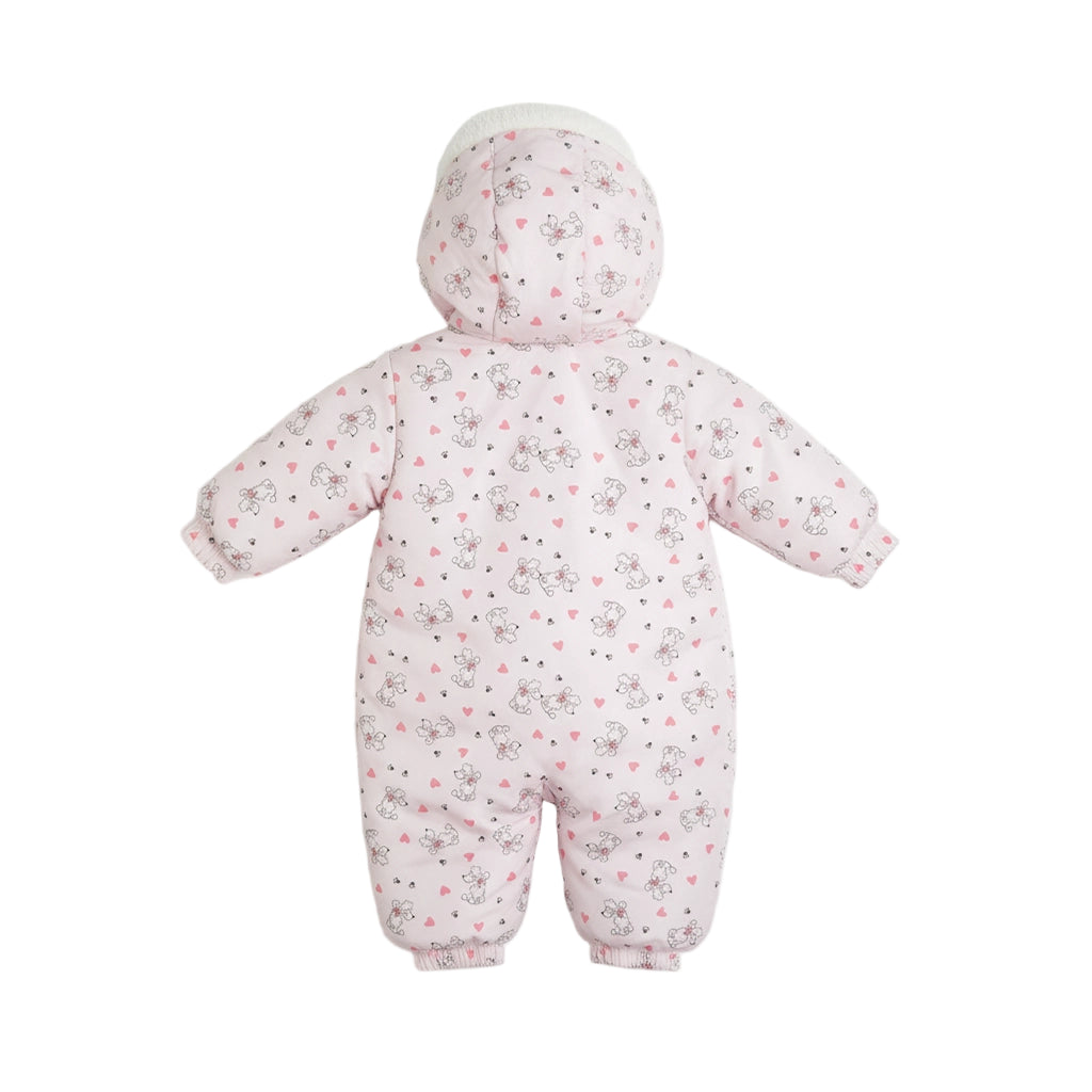 Baby snowsuit with floral pattern on a white background
