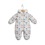 Baby snowsuit with colorful pattern on a hanger against a white background