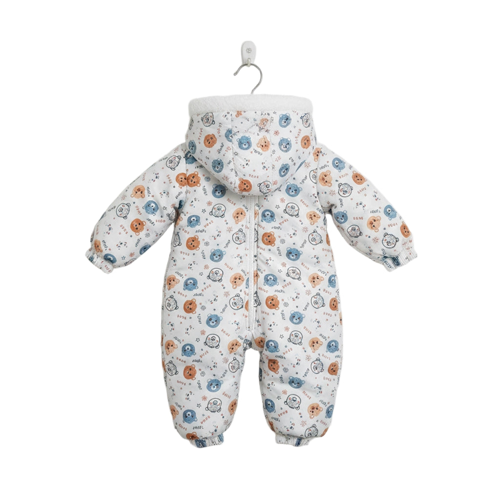 Baby snowsuit with colorful pattern on a white background