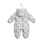 Baby snowsuit with colorful pattern on a white background