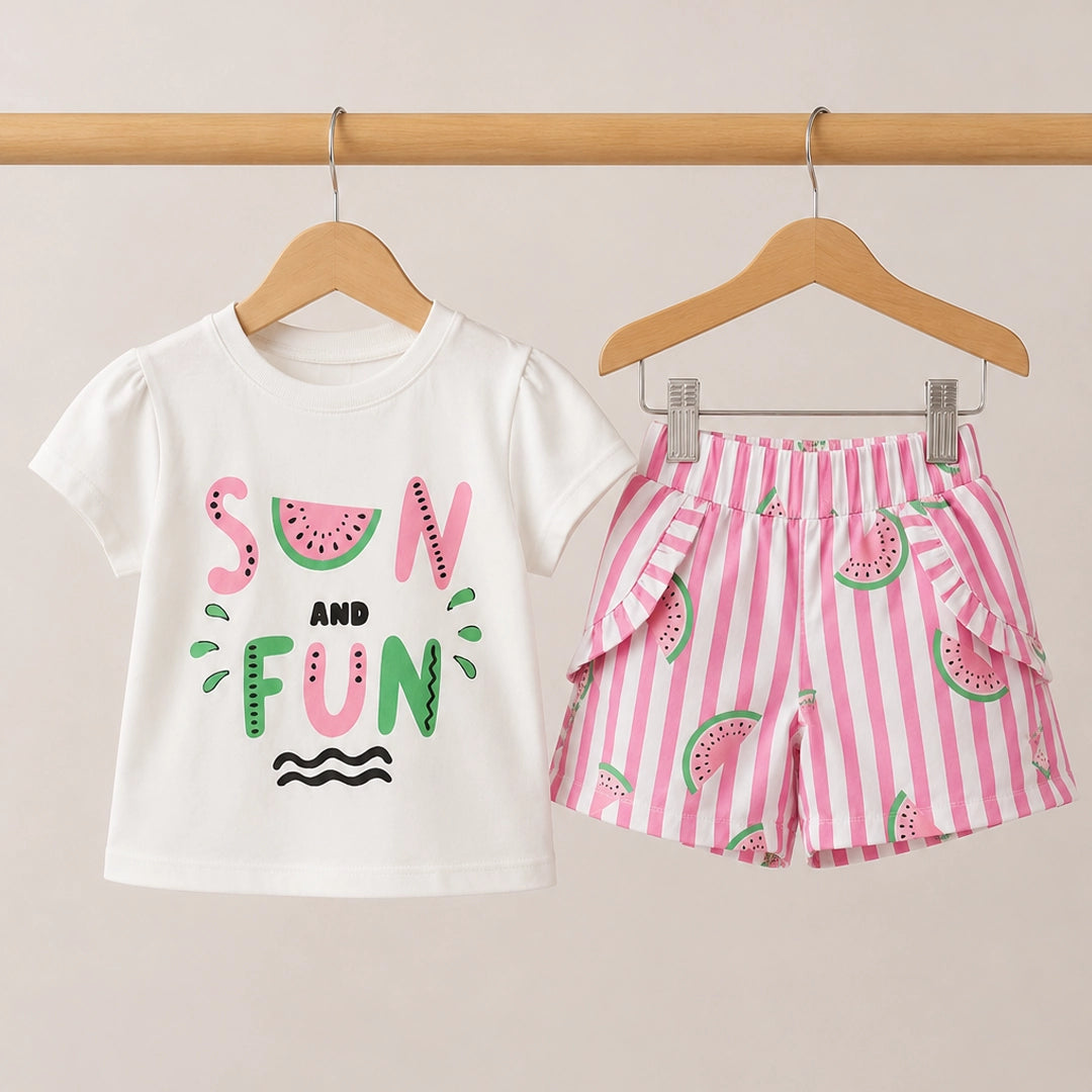 Children's t-shirt and shorts set with watermelon design on a beige background
