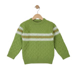Green sweater with patterned design on a wooden hanger against a white background