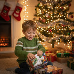 Child opening a gift in front of a decorated Christmas tree and fireplace.