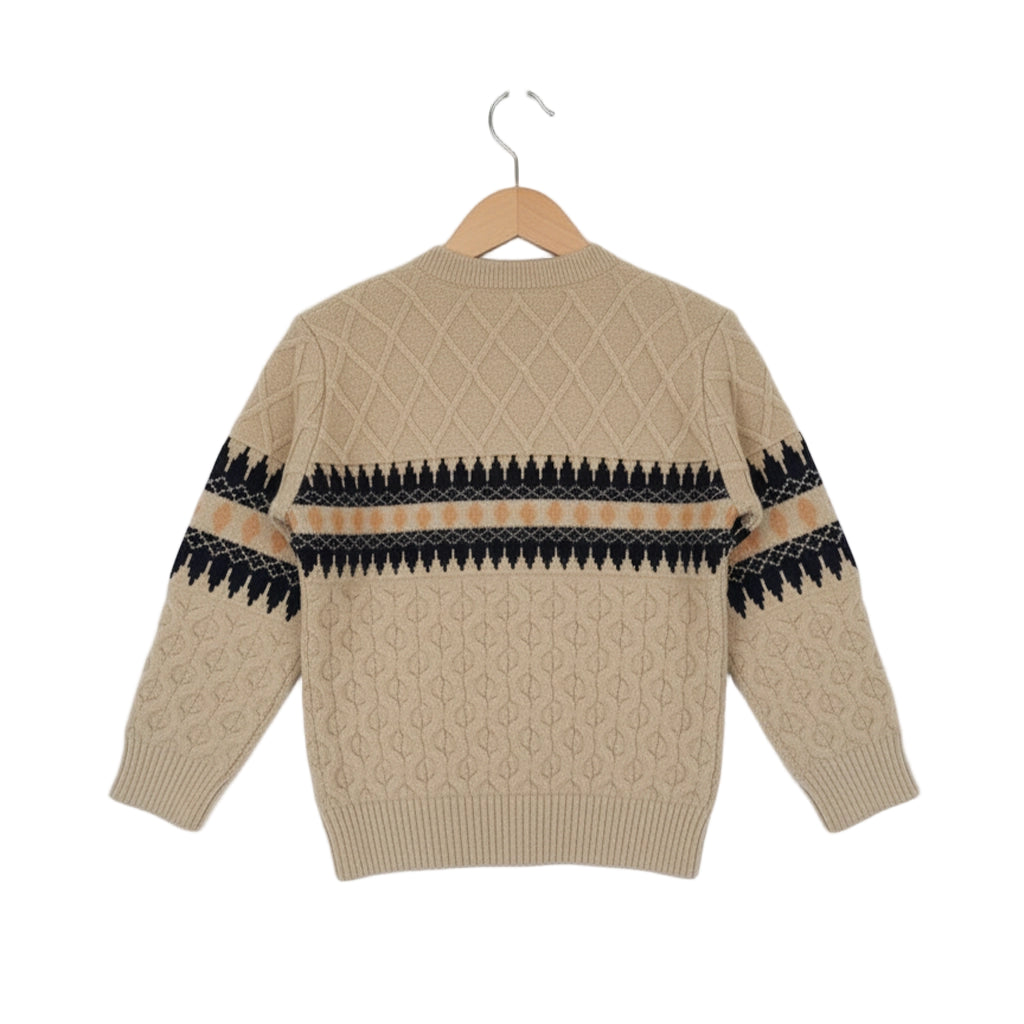 Beige sweater with black pattern on sleeves and chest, hanging on a white background