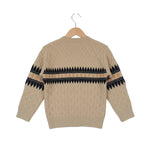 Beige sweater with black pattern on sleeves and chest, hanging on a white background
