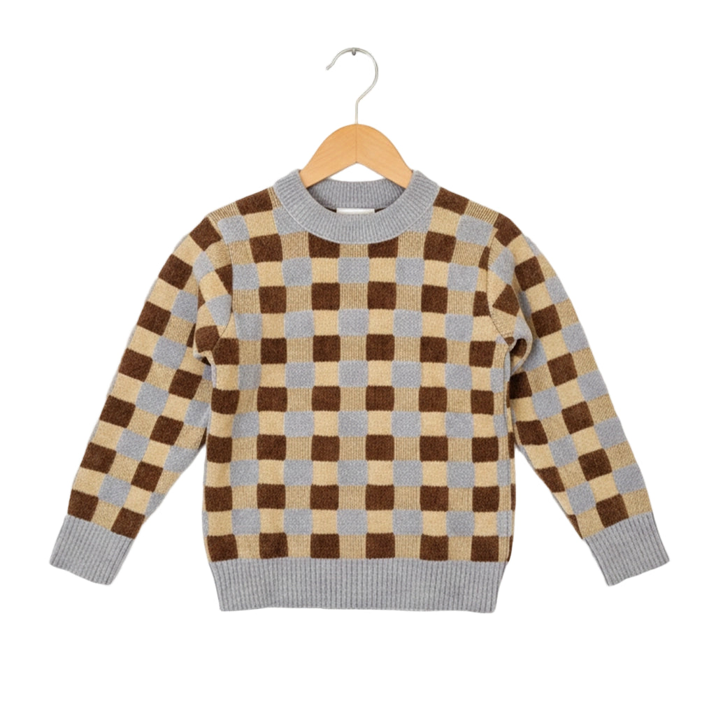 Checkered sweater on a wooden hanger against a white background