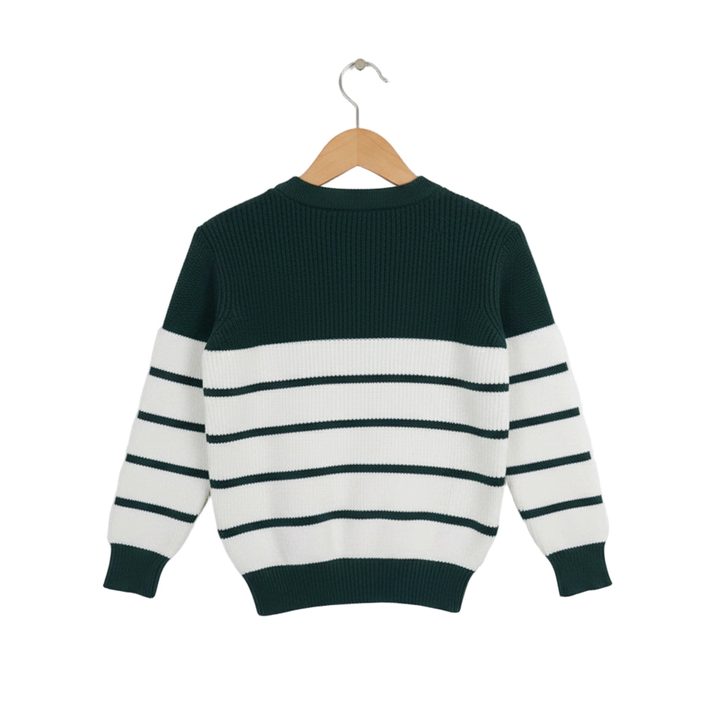 Striped sweater with green and white colors on a hanger against a white background