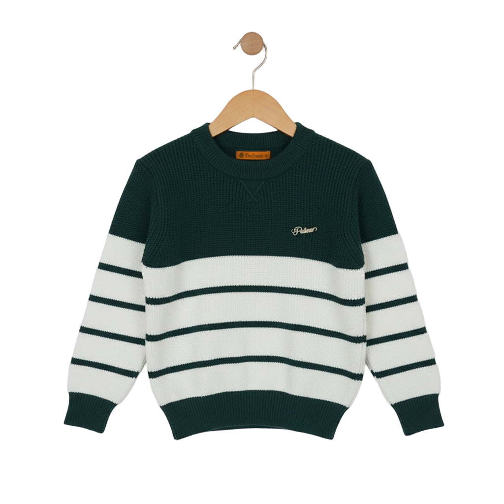 Striped sweater with green and white colors on a wooden hanger against a white background