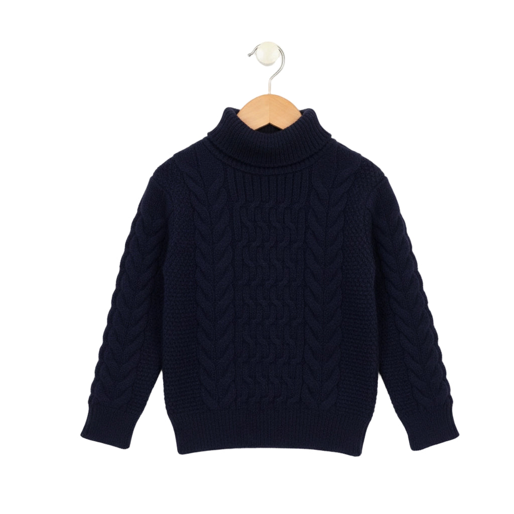 Navy blue cable knit sweater on a hanger against a white background