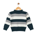 Striped sweater on a wooden hanger against a white background