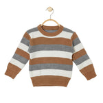 Striped sweater with brown, gray, and white colors on a hanger against a white background