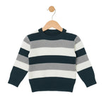 Striped sweater with navy, gray, and white colors on a wooden hanger against a white background