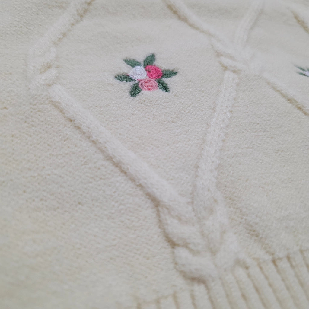 Fleur Pullover – Embroidered Beige Knit | Ages 2Y–6Y