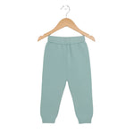 Light green baby pants on a wooden hanger against a white background