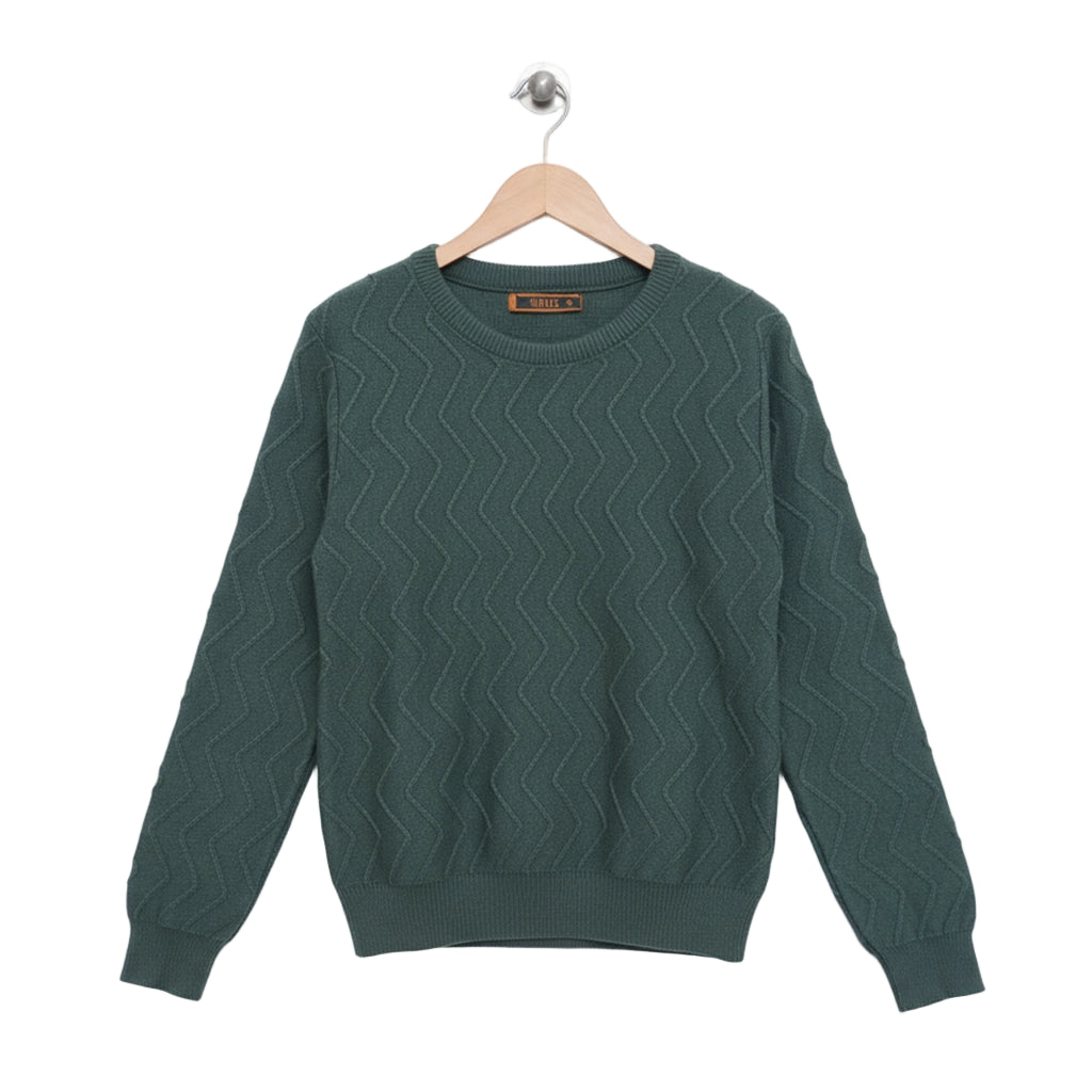 Green sweater on a wooden hanger against a white background