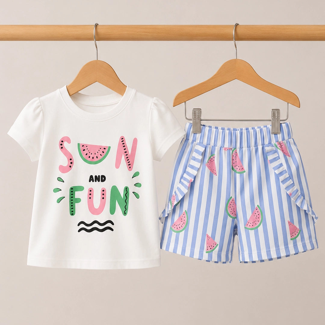 Children's t-shirt and shorts set with watermelon design on a beige background