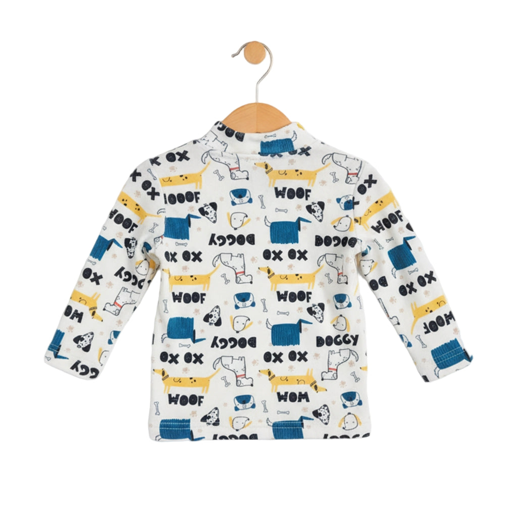 Children's long-sleeve shirt with dog pattern on a hanger against a white background