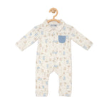 Baby onesie with blue pocket and pattern on a hanger against a white background