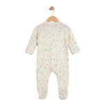 Baby onesie with a floral pattern on a hanger against a white background