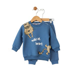 Blue children's sweatshirt with cat design and text on a hanger against a white background