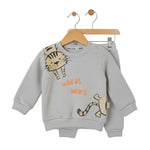 Gray children's sweatshirt with tiger designs and 'wild at heart' text on a white background