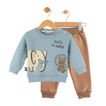 Children's outfit with blue sweatshirt and brown pants on a hanger against a white background
