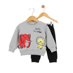 Children's gray sweatshirt with animal prints on a hanger against a white background