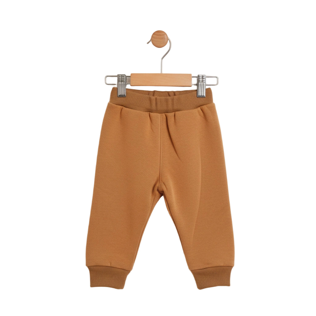Brown baby pants on a hanger against a white background