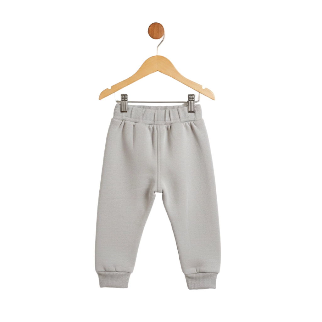 Gray sweatpants on a wooden hanger against a white background